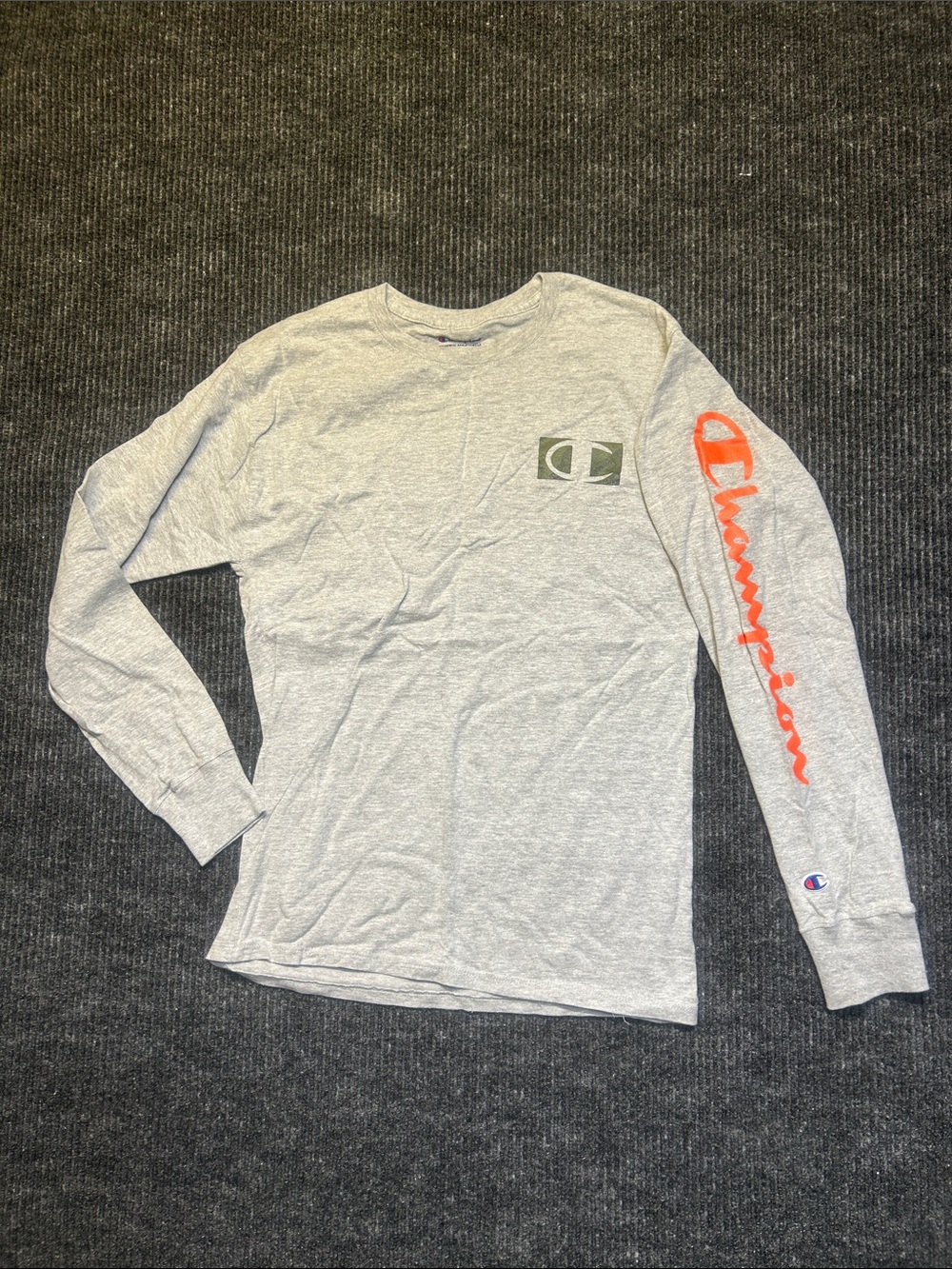 Champion Long-Sleeve Tee in Light Gray with Orange Sleeve Script